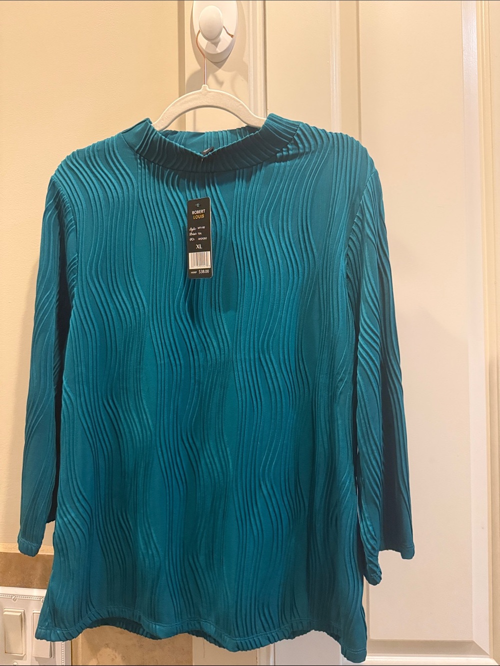 Robert Louis Teal Wave-Texture Mock Neck Long Sleeve Top